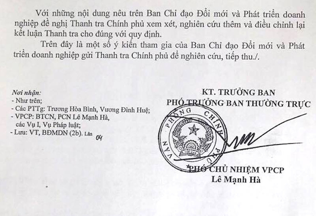 
Công văn gửi Thanh tra Chính phủ do Phó Chủ nhiệm VP Chính phủ Lê Mạnh Hà ký
