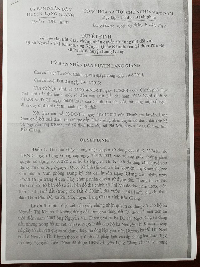 
Quyết định số 715/QĐ-UBND của UBND huyện Lạng Giang về việc thu hồi Giấy chứng nhận quyền sử dụng đất đối với hộ bà Nguyễn Thị Khanh, ông Nguyễn Quốc Khánh
