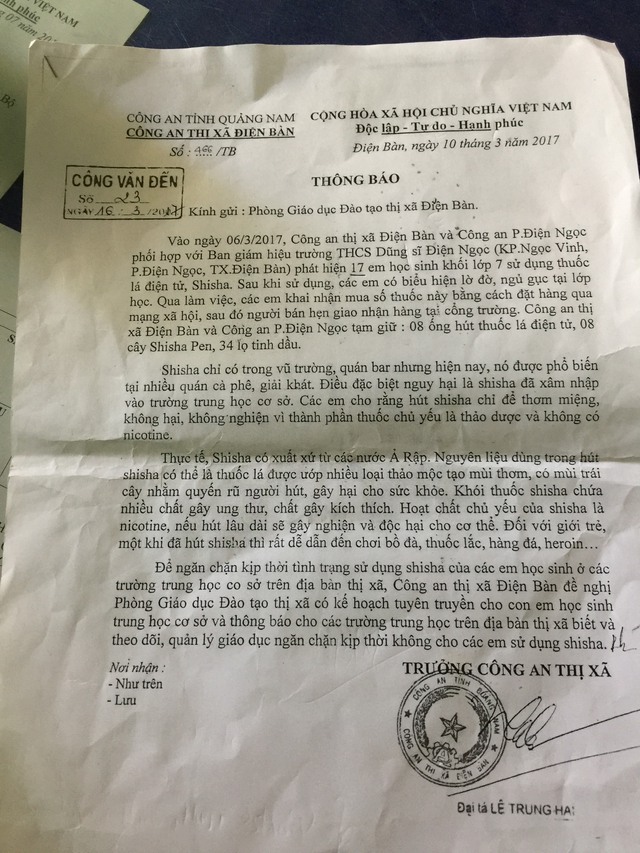 
Công văn của Công an thị xã Điện Bàn gởi Phòng giáo dục đào tạo thị xã Điện Bàn về vụ việc. Ảnh: T.T
