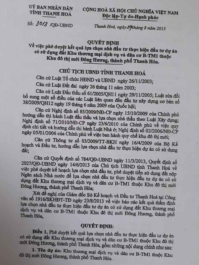 
Quyết định lựa chọn nhà đầu tư thực hiện dự án Khu thương mại dịch vụ và dân cư B-TM1 Khu đô thị mới Đông Hương, TP. Thanh Hóa. (ảnh: HC)
