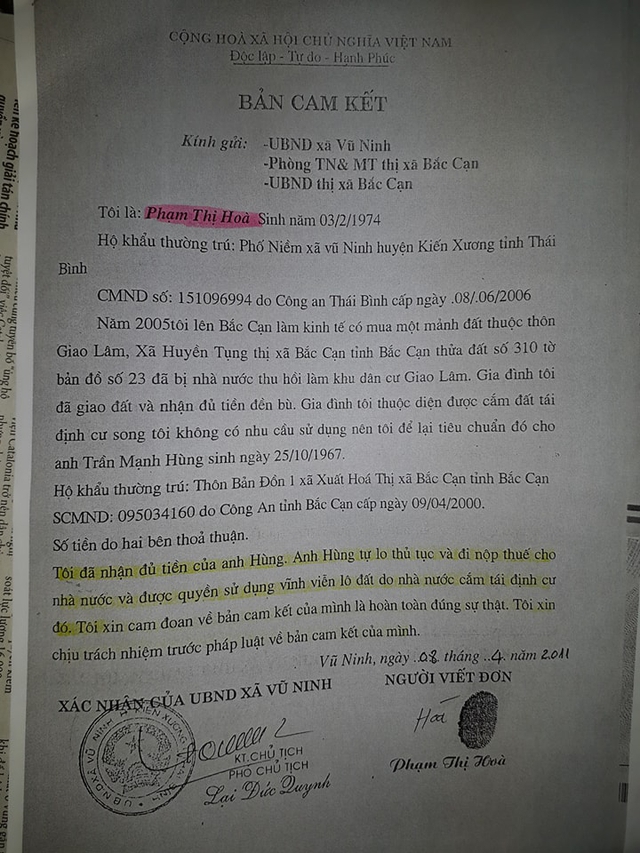 Bản cam kết của bà Phạm Thị Hòa khẳng định đã nhận đủ tiền của ông Trần Mạnh Hùng