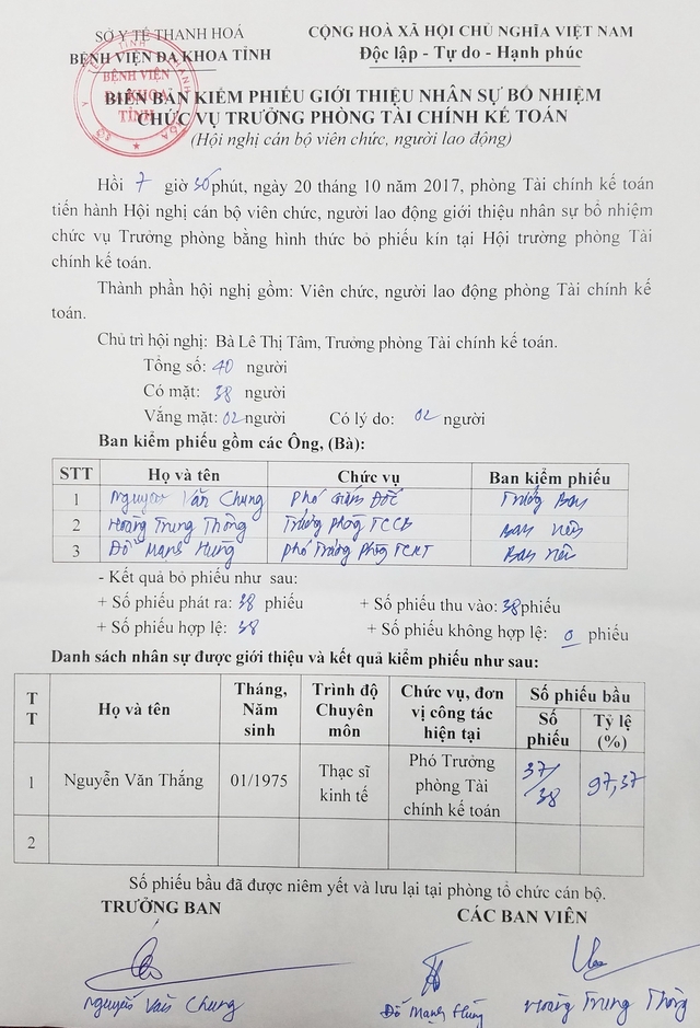 Kết quả lấy phiếu tín nhiệm đối với ông Nguyễn Văn Thắng tại Hội nghị cán bộ viên chức, cán bộ Phòng Tài chính - Kế toán.