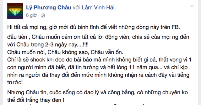 
Phương Châu - vợ cũ của Lâm Vinh Hải tố nam diễn viên ngoại tình cùng Linh Chi trong thời gian cả hai vẫn còn là vợ chồng.
