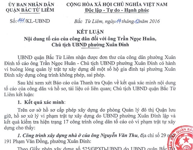 
Kết luận của Chủ tịch UBDN quận Bắc Từ Liêm khẳng định Chủ tịch UBND phường Xuân Đỉnh Trần Ngọc Huân có nhiều sai phạm trong lĩnh vực xây dựng, quản lý đô thị.
