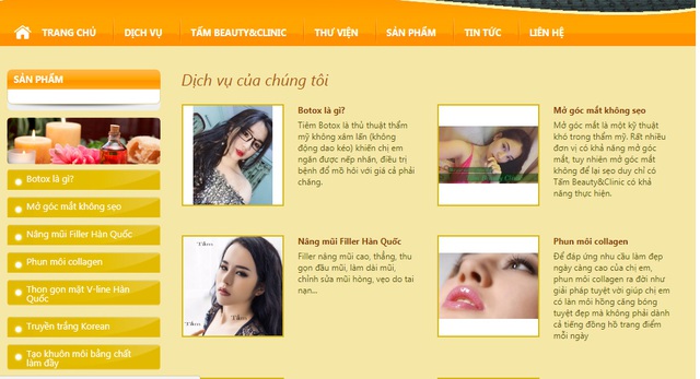 Hàng loạt các dịch vụ được quảng cáo trên trang website của Tấm Beauty&Clinic.