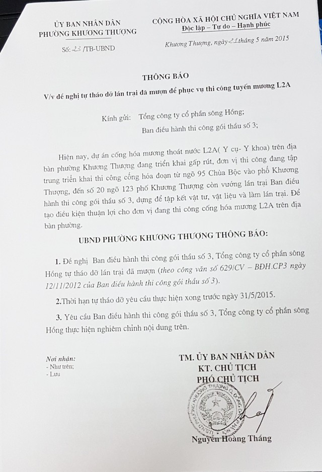 
Thông báo đề nghị tháo dỡ lán trại của UBND phường Khương Thượng gửi Tổng công ty CP Sông Hồng
