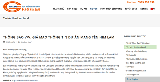 Him Lam Land phát thông báo về việc bị mạo danh