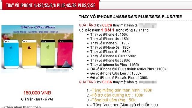 
Dịch vụ độ vỏ iPhone đủ các màu ở Việt Nam. Ảnh chụp màn hình
