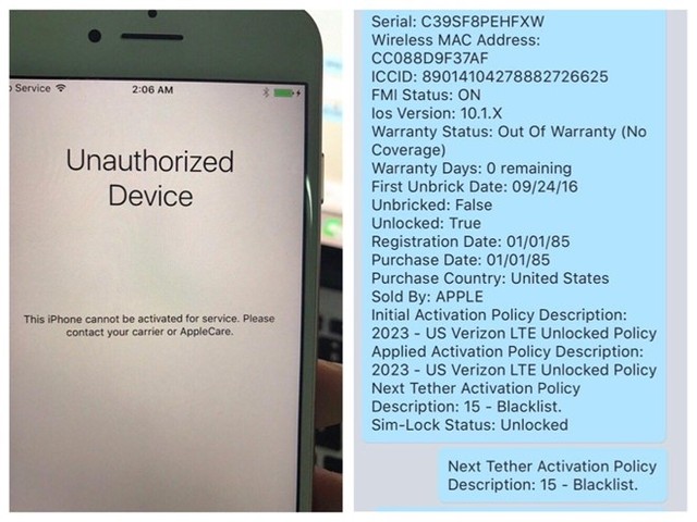 Lỗi Unauthorized device (thiết bị không xác định) trên iPhone xách tay ở Việt Nam. Nếu kết quả kiểm tra trả về có dòng chữ Description 15 - Blacklist, thiết bị nằm trong danh sách đen của Apple. Ảnh: Đ.H. 