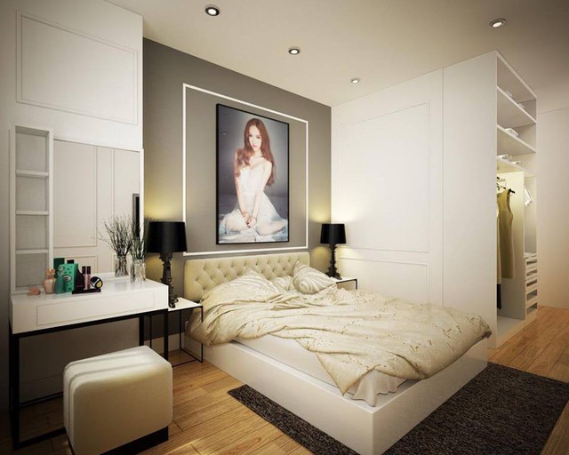 Hot girl chọn tông màu trắng và vàng nhẹ để trang trí cho căn phòng tạo cảm giác ấm áp khi bước vào.