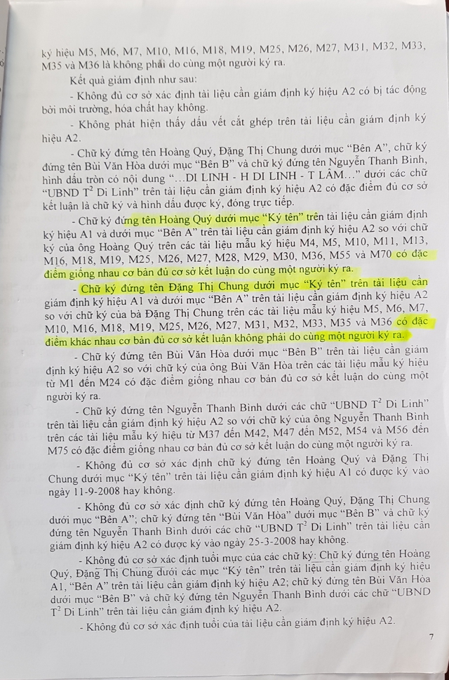 
Nội dung kết luận cho thấy chữ ký đứng tên bà Đặng Thị Chung (vợ ông Hoàng Quý) không phải do cùng một người ký ra. (ảnh: HC)
