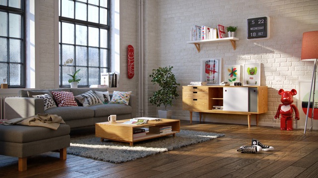 Không gian trang nhã nhờ hai màu sắc nâu trầm và gỗ sáng. Thảm lông dày dặn đem lại sự sang trọng cho phòng khách nhà bạn.