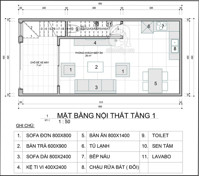 Mặt bằng tư vấn thiết kế và bố trí nội thất tầng 1.