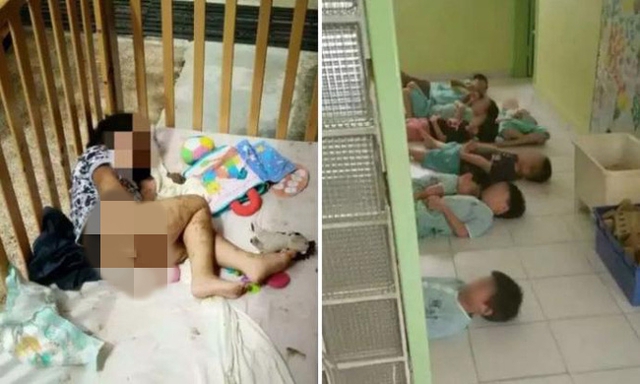 
Hai bức ảnh chụp lại những đứa trẻ phải nằm trên nền đất và một bé gái không mặc quần nằm trong cũi, người dính đầy phân.
