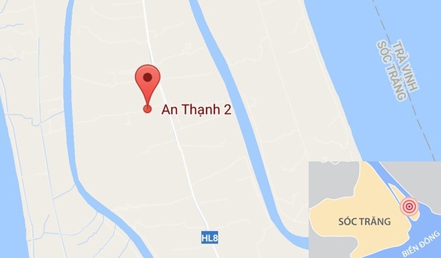 Xã An Thạnh 2 nằm giữa cù lao sông Hậu ở Sóc Trăng. Ảnh: Google Maps.