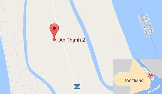 X&atilde; An Thạnh 2 nằm giữa c&ugrave; lao s&ocirc;ng Hậu ở S&oacute;c Trăng. Ảnh: Google Maps.