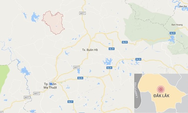 
Xã Ea Kuêh (màu hồng) nơi xảy ra sự việc. Ảnh: Google Maps.
