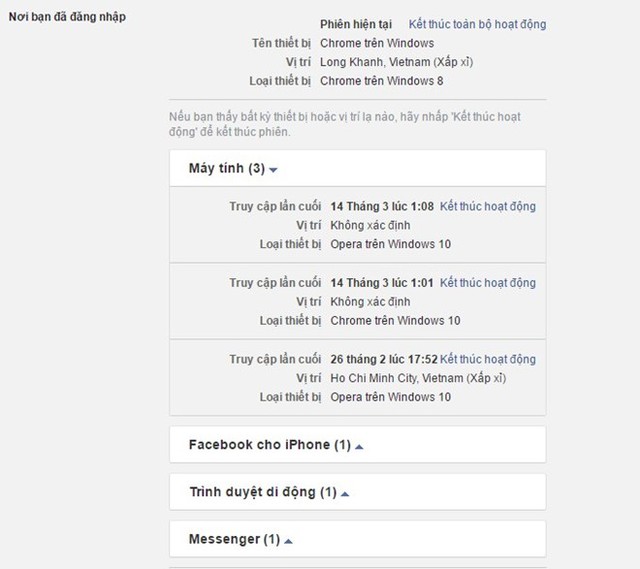 
Kiểm tra những nơi bạn đã đăng nhập Facebook Ảnh: Chụp từ màn hình.
