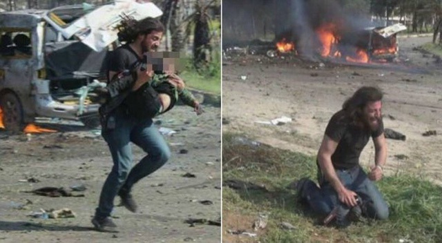 
Phóng viên Habak quỳ khóc khi chứng kiến cảnh thương tâm vụ đánh bom đoàn xe chở người sơ tán. (Ảnh: Twitter)
