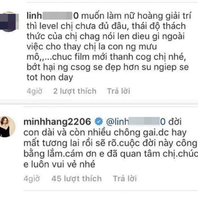 
Minh Hằng không ngần ngại đáp trả anti-fan.
