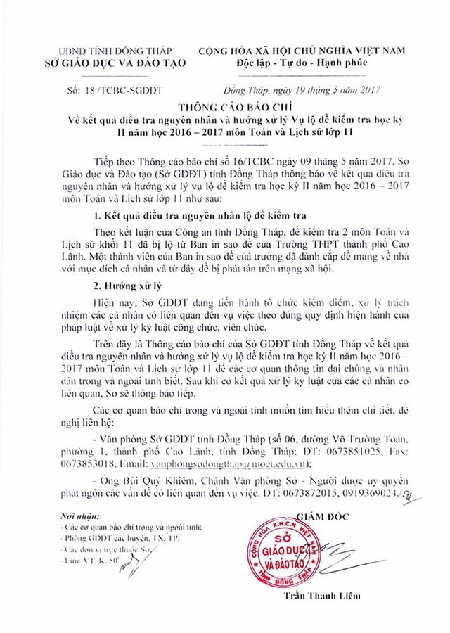 Văn bản của Sở GD và ĐT Đồng Tháp thông tin về vụ việc.
