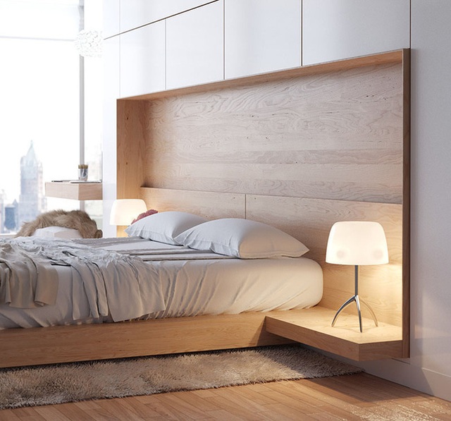1. Lựa chọn đầu tiên dành cho bạn chính là những chiếc giường ngủ có thiết kế bàn đầu giường gắn liền.