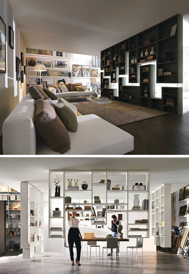 1. Những chiếc gi&aacute; s&aacute;ch l&agrave; đại diện ti&ecirc;u biểu v&agrave; kh&aacute; quen thuộc được gợi &yacute; sử dụng để chia c&aacute;ch kh&ocirc;ng gian giữa c&aacute;c khu vực kh&aacute;c nhau trong gia đ&igrave;nh.