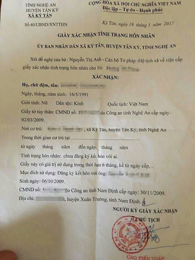 Giấy x&aacute;c nhận t&igrave;nh trạng h&ocirc;n nh&acirc;n thể hiện r&otilde; c&ocirc; d&acirc;u SN 1991 nhưng ch&uacute; rể chỉ mới SN 2009.