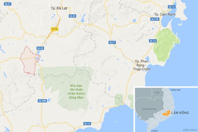 
Xã Ninh Gia (màu hồng) nơi xảy ra vụ án mạng. Ảnh: Google Maps.
