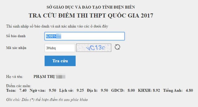 
Thí sinh ở Điện Biên đã có thể tra cứu điểm thi THPT quốc gia 2017. Ảnh chụp màn hình.
