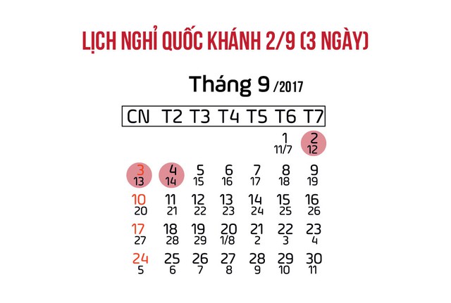 
Lịch nghỉ dịp Quốc kh&aacute;nh 2/9 năm 2017.
