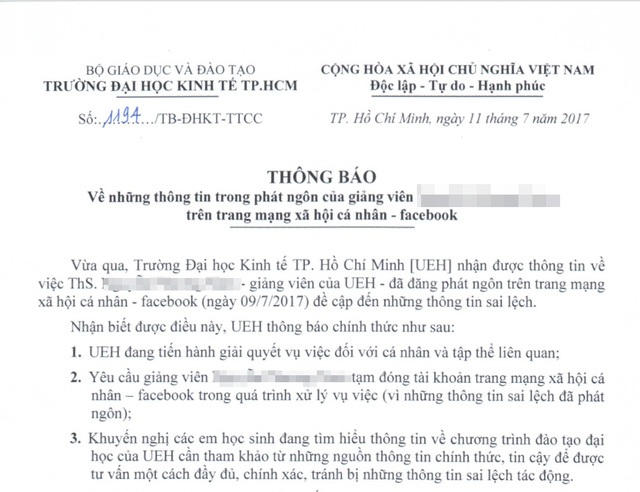 
Thông báo của trường ĐH Kinh tế TPHCM về phát ngôn của giảng viên trên mạng xã hội
