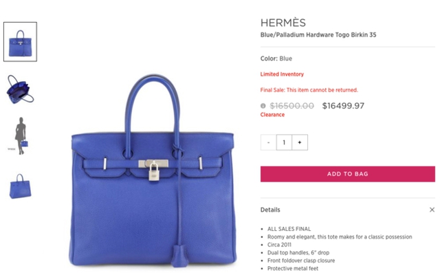 Chiếc túi Hermes Birkin màu xanh size 35 được Saks Off Fifth giảm giá 0.003 USD (3 cent), chỉ còn 16.499,97 USD. Ảnh: Saks Off Fifth.

 

 

Bạn không hề nghe nhầm, hiện Saks Off Fifth đang bán 6 chiếc Birkin và 4 chiếc Killy, trong đó nhiều chiếc đang được giảm giá 0,3 cent.

Chiếc Hermes Kelly màu vàng có giá niêm yết là 13.500 USD được hãng bán lẻ tại New York, Mỹ giảm còn 13.499,97 USD, hay chiếc Hermes Birkin màu xanh với chi tiết bằng palladium có giá niêm yết 16.500 USD nay đã được Saks Off Fifth giảm còn 16.499,97 USD.

Theo Saks Off Fifth, số lượng hàng giảm giá là rất có hạn. Tuy nhiên hãng không cho biết rõ số lượng túi giảm giá là bao nhiêu chiếc.

Lý do được hãng bán lẻ này đưa ra khi giảm giá mỗi chiếc túi 3 cent là những chiếc túi đã tồn kho khá lâu.

Hermes Birkin nằm trong danh sách những dòng túi xách được người nổi tiếng và giới thượng lưu săn đón. Mỗi chiếc Birkin có giá dao động từ 11.000 USD tới 300.000 USD. Trong người nổi tiếng đang sở hữu dòng túi này, nổi bật có thể kể đến Victoria Beckham khi vợ của cầu thủ nổi tiếng David Beckham đang sở hữu hơn 100 chiếc Birkin.

Theo thống kê của Hermes, hãng đã sản xuất 70.000 chiếc Birkin chỉ trong năm 2014. Túi Birkin được coi là biểu tượng cho sự xa hoa, giàu có cũng như địa vị xã hội của người sở hữu.

Túi Hermes Kelly cũng là dòng túi đắt đỏ và khó mua không kém. Theo giá bán lẻ từ Hermes năm 2016, giá mỗi chiếc túi Kelly nằm ở mức 10.000 USD tới 12.000 USD.

Theo Zing
