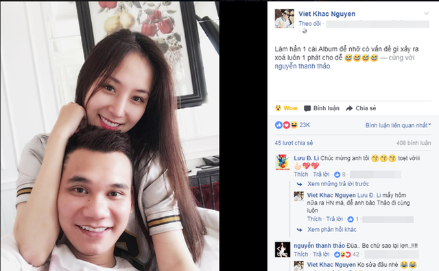 Status công khai bạn gái khiến nhiều fan nữ khóc ròng trên FB cá nhân của Khắc Việt.