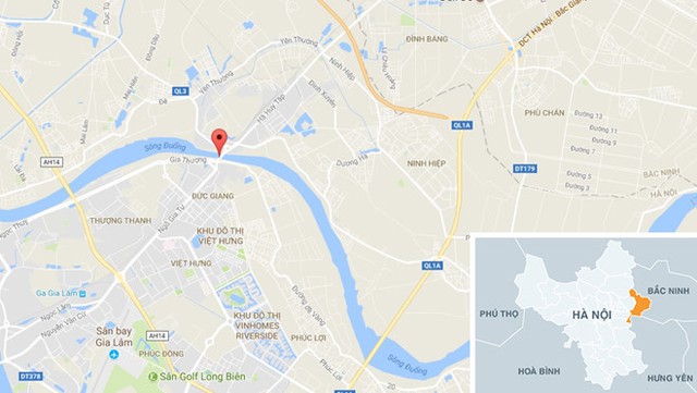 Đầu cầu Đuống (chấm đỏ) nơi xảy ra tai nạn. Ảnh: Google Maps.