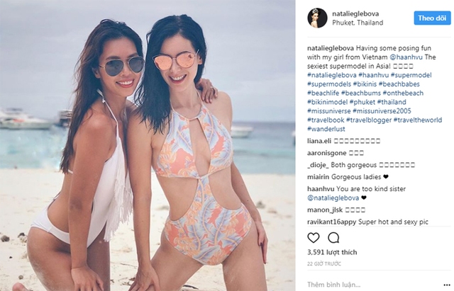 
Trên tài khoản Instagram, Hoa hậu Hoàn vũ 2005 chia sẻ bức ảnh cô và Hà Anh mặc bikini, tạo dáng sexy trên bãi biển Phuket, Thái Lan. Cô còn tâm sự, mình đã có khoảng thời gian vui vẻ bên Hà Anh - siêu mẫu sexy nhất châu Á. Lời khen tặng của Natalie Glebova khiến Hà Anh rất hạnh phúc bởi Hoa hậu Hoàn vũ 2005 coi cô như một người bạn thân thiết.

