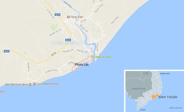 Phường Phước Lộc nơi người dân phát hiện thi thể nam giới không còn đầu trôi dạt vào bờ biển. Ảnh: Google Maps.