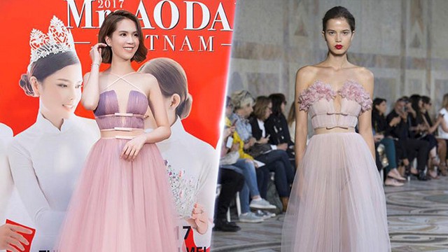 Tham dự sự kiện thảm đỏ, Ngọc Trinh g&acirc;y ấn tượng với mẫu v&aacute;y hoa nữ t&iacute;nh, gợi cảm. Tuy nhi&ecirc;n, ngay lập tức giới mộ điệu ph&aacute;t hiện v&agrave;i điểm tương đồng giữa trang phục n&agrave;y v&agrave; thiết kế trong bộ sưu tập couture của Giambattista Valli.