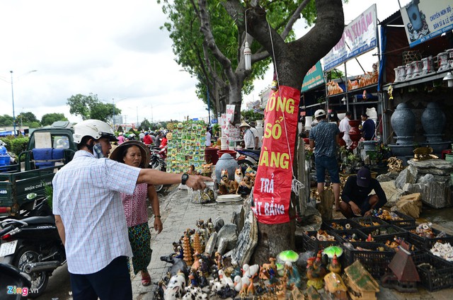 Sau khi được thông báo thu hồi, hàng chục kiốt bán sinh vật cảnh bên đường Trường Chinh, quận Tân Bình (đoạn giáp sân bay Tân Sơn Nhất) treo biển xả hàng giá rẻ để trả mặt bằng cho Bộ Quốc phòng.