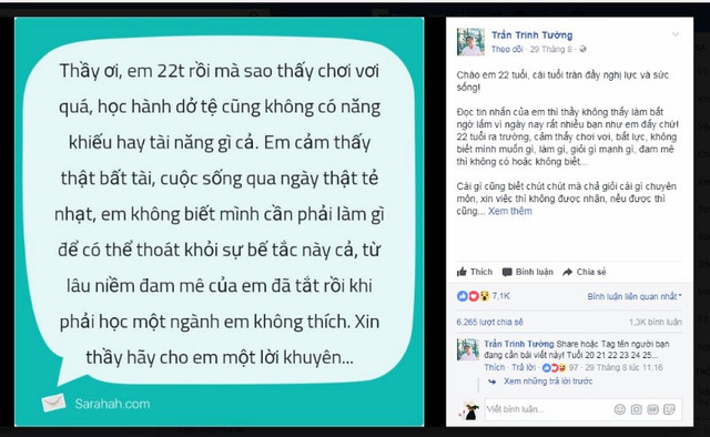 
Sinh viên gửi tin nhắn hỏi thầy Tường về những băn khoăn tuổi 22.
