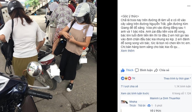 Hai c&ocirc; g&aacute;i chen h&agrave;ng khi đi đổ xăng bị nhiều người l&ecirc;n &aacute;n. Ảnh chụp m&agrave;n h&igrave;nh.