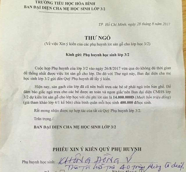 
Đề xuất đóng tiền lót sàn gỗ trong lớp của Ban đại diện cho mẹ học sinh ở TPHCM bị phản ứng
