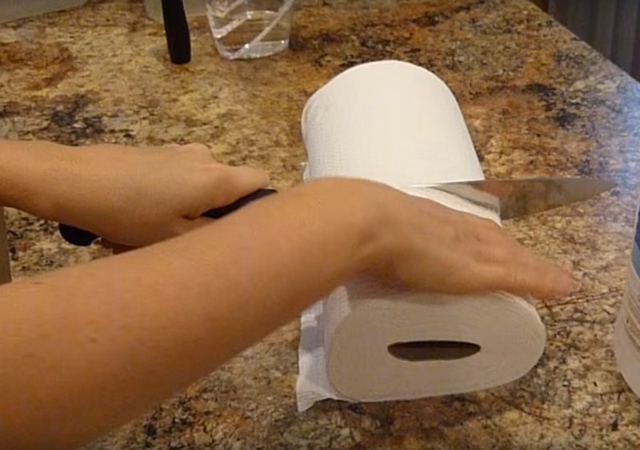 Trước tiên, cắt cuộc giấy vệ sinh sao cho vừa với hộp nhựa sẽ đựng.