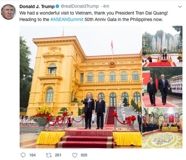 &Ocirc;ng Trump chia sẻ nhiều h&igrave;nh ảnh chụp c&aacute;c hoạt động tại Việt Nam l&ecirc;n Twitter.