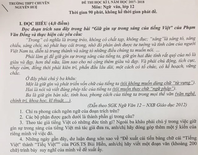 
Đề văn cho học sinh lớp 12 tại trường THPT chuyên Nguyễn Huệ, Hà Nội.
