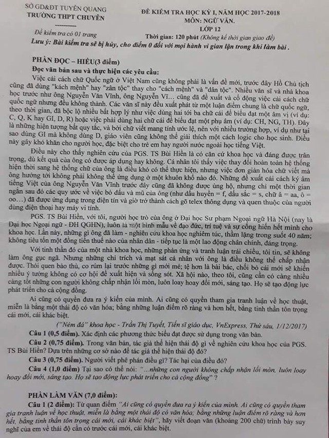 Đề thi đề cập nghiên cứu cải tiến tiếng Việt của trường THPT chuyên Tuyên Quang. Ảnh: Facebook.