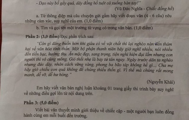 Đề Văn về giàu vật chất, nghèo tinh thần trong kỳ thi học kỳ của học sinh khối 8 ở Q.3, TPHCM bị phán ảnh là quá sức với học sinh