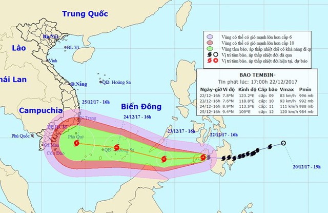 
Vị trí và hướng di chuyển của bão Tembin. Ảnh: NCHMF.
