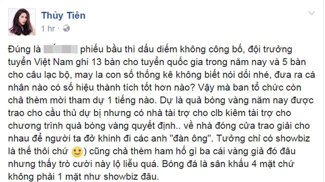 
Thủy Tiên chia sẻ bức xúc sau khi ông xã Công Vinh không lọt vào Top 5 cuộc bầu chọn Quả bóng vàng 2016.
