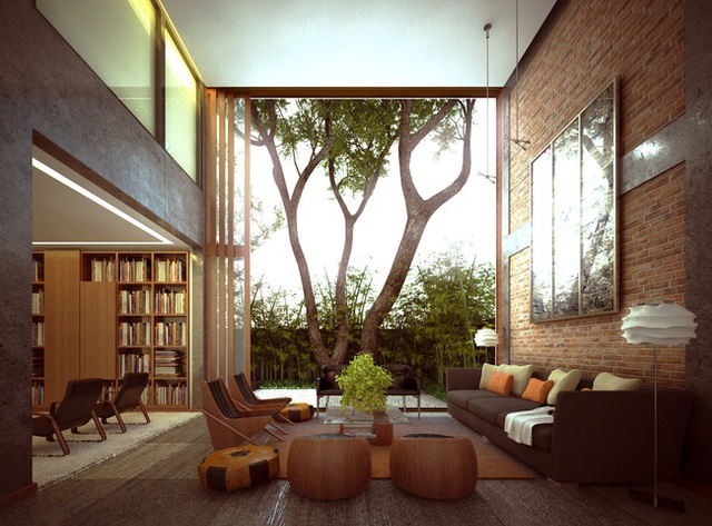 
2. Thêm 1 thiết kế phòng khách rất gần gũi với thiên nhiên, đồ nội thất bằng gỗ chạm khắc tinh xảo, cửa ra vào và trần cao tạo cảm giác như trong 1 ốc đảo tự nhiên.
